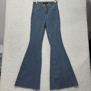 Judy Blue Super Flare Fit Jeans Blue White Striped Denim High Rise Raw Hem Sz 26
